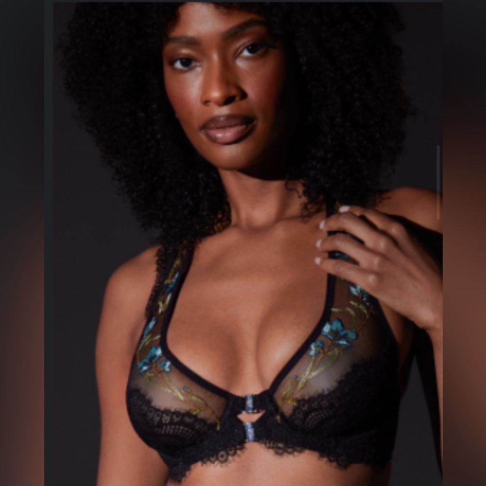 Thistle and Spire Black Sheer Embroidered Plunge Bra with Blue & Green Accents